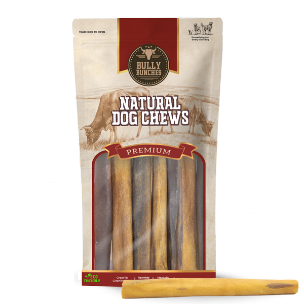 Bully Bunches pouch of 5-6 inch collagen stick, with loose sticks beside it