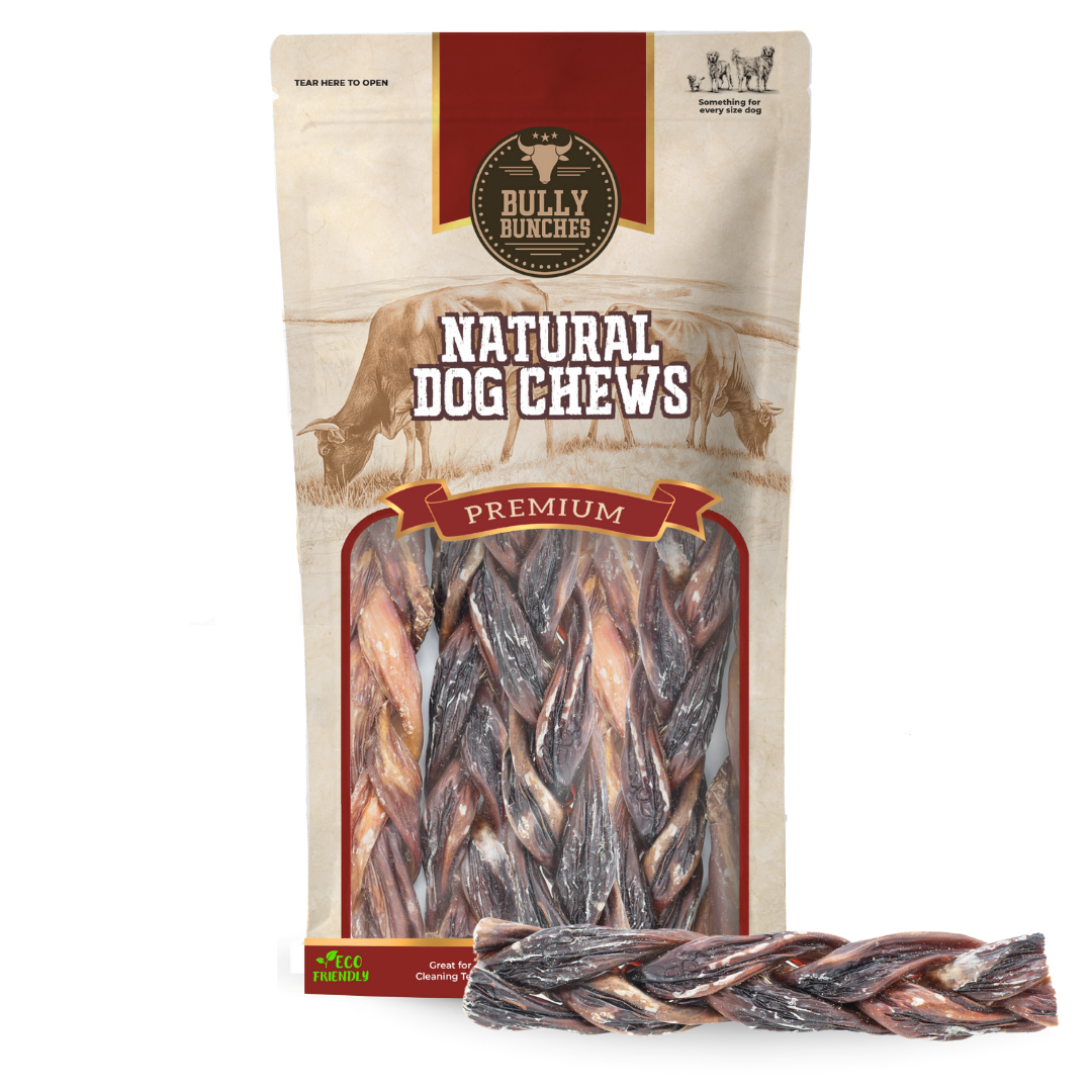 Bully Bunches pouch of 6 inch braided jerky stick, with loose braids beside it