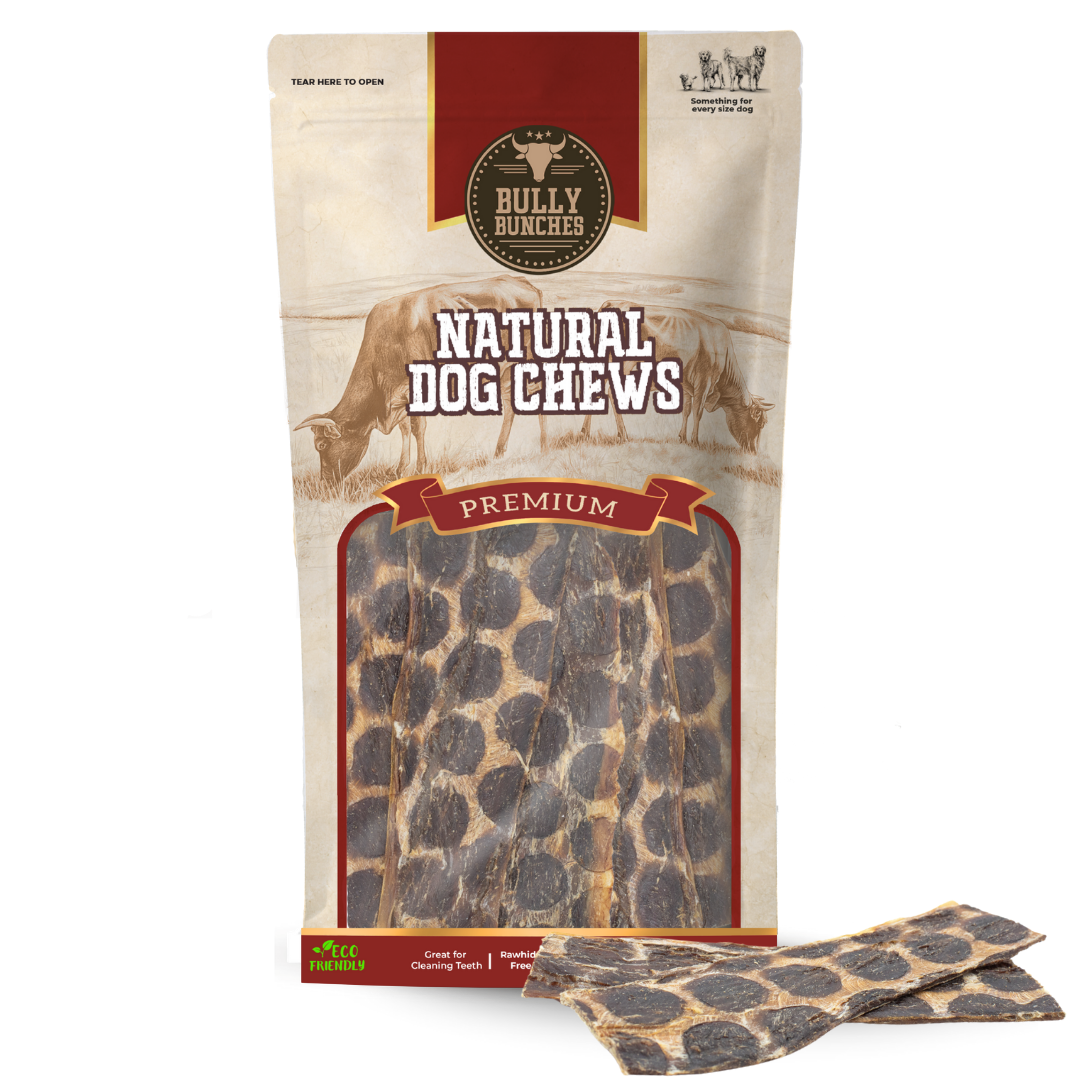 Bully Bunches pouch of 6 inch beef jerky strip, with loose strips beside it