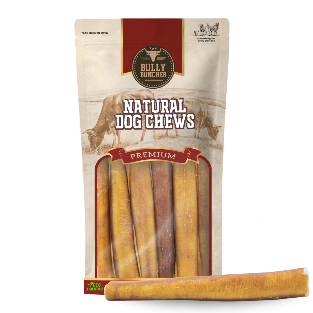 Bully Bunches pouch of 6 inch jumbo bully stick, with loose sticks beside it