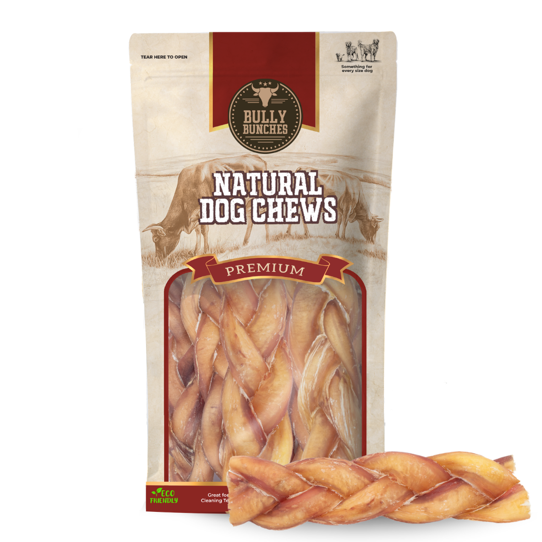 Bully Bunches pouch of 6 inch jumbo braided bully stick, with loose braids beside it