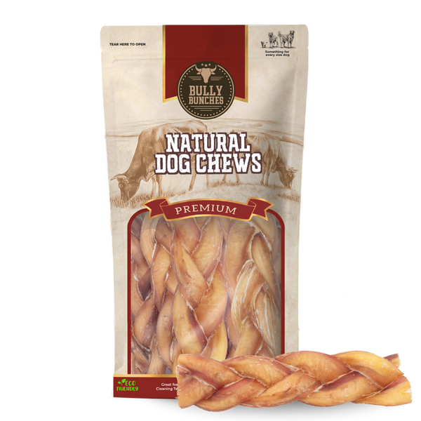 Bully Bunches pouch of 6 inch jumbo braided bully stick, with loose braids beside it