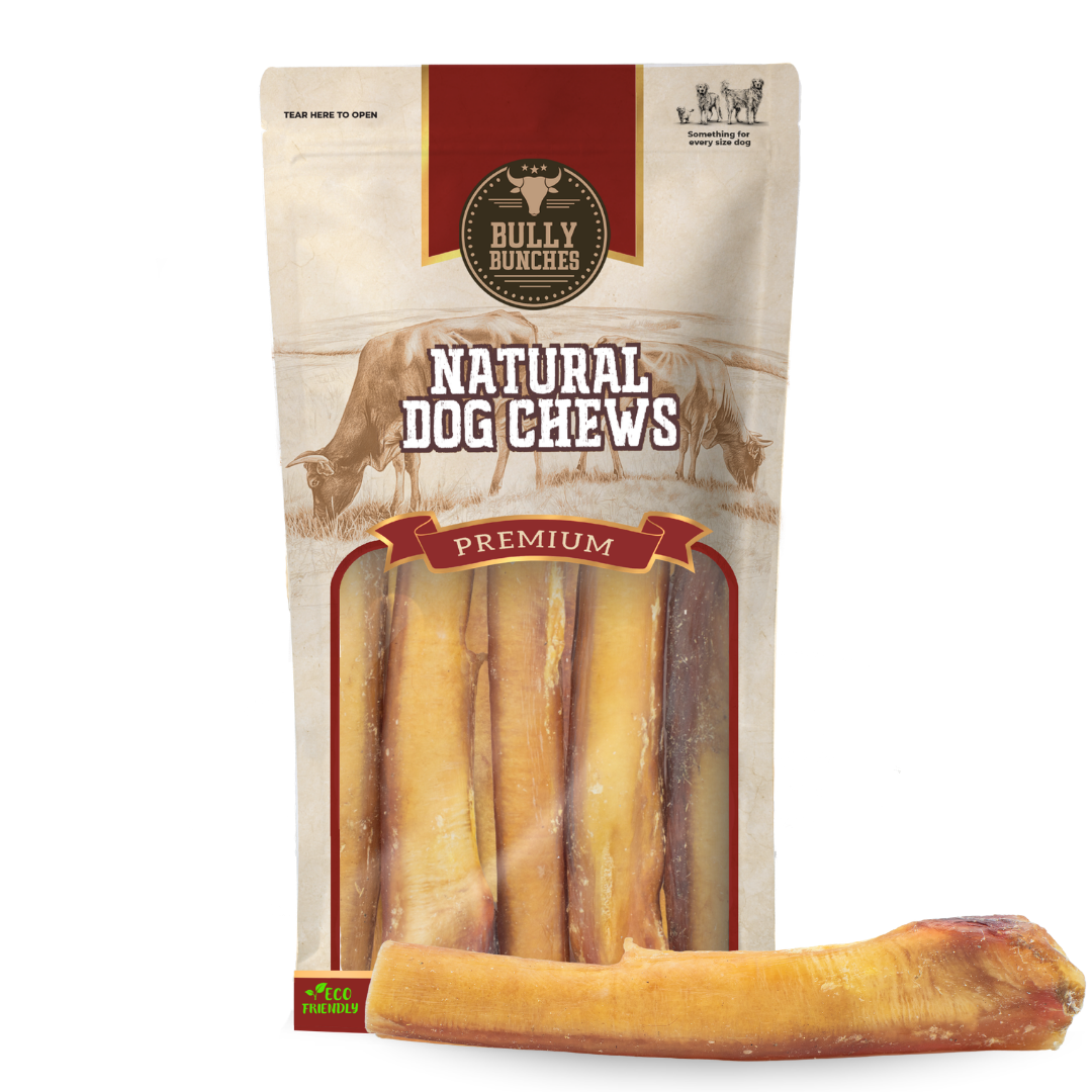 Bully Bunches pouch of 6 inch monster bully stick, with loose sticks beside it