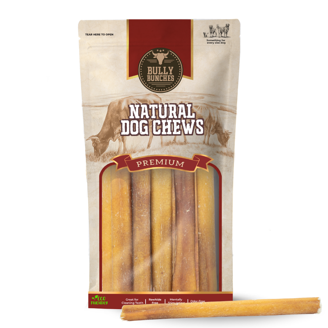 Bully Bunches pouch of 6 inch standard bully stick, with loose sticks beside it