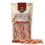 Bully Bunches pouch of 6 inch standard braided bully stick, with loose braids beside it