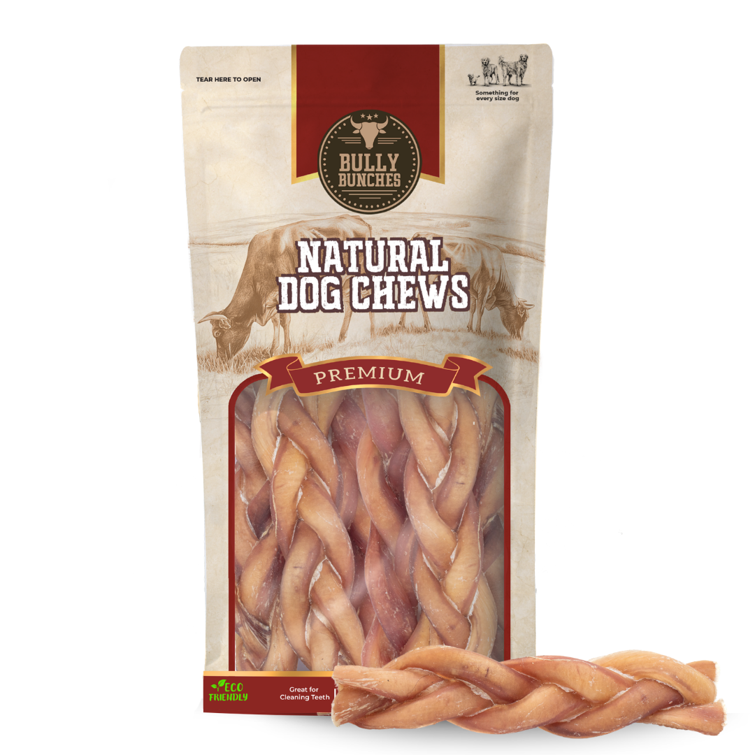 Bully Bunches pouch of 6 inch standard braided bully stick, with loose braids beside it