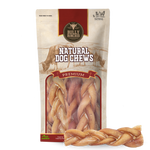 Bully Bunches pouch of 6 inch thick braided bully stick, with loose braids beside it