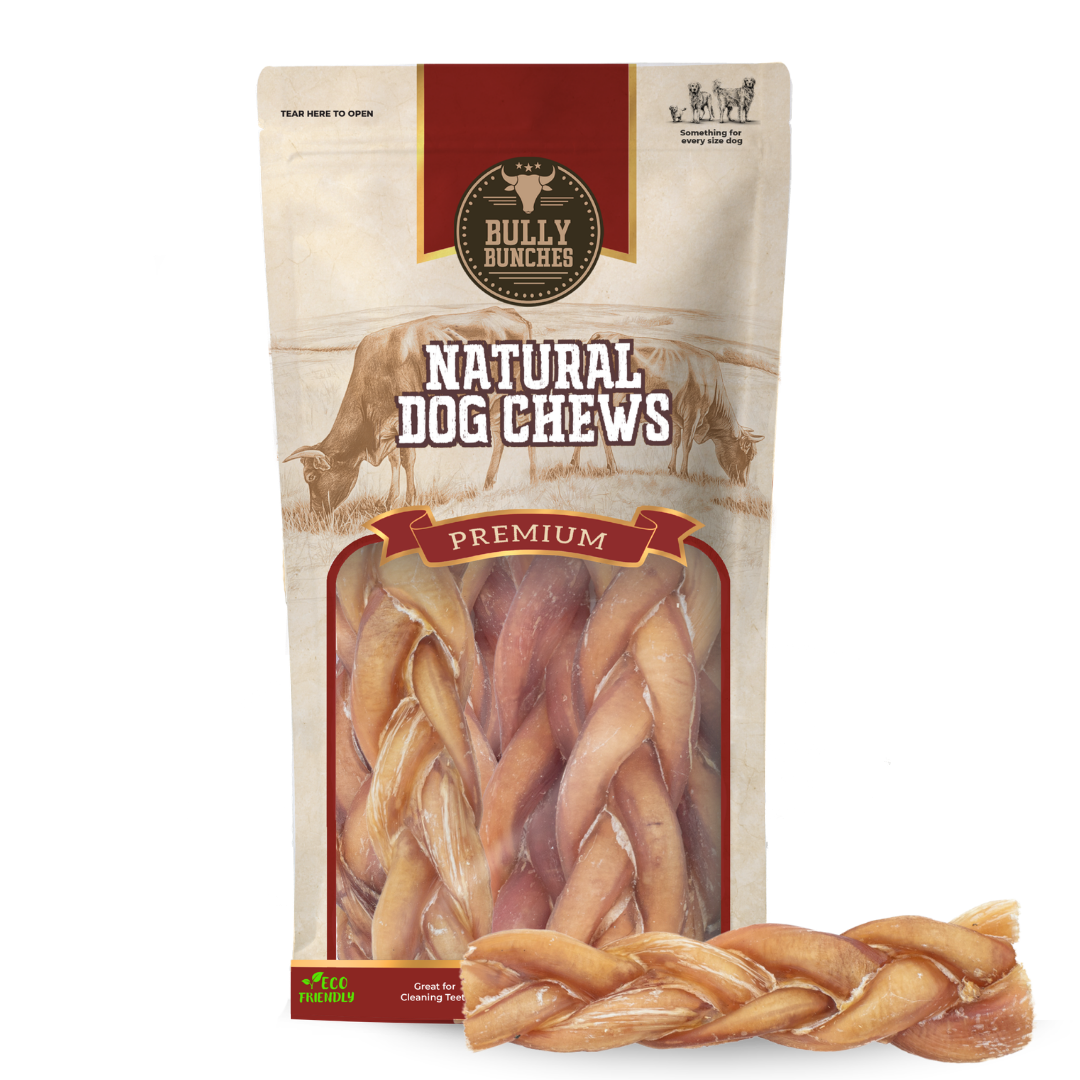 Bully Bunches pouch of 6 inch thick braided bully stick, with loose braids beside it