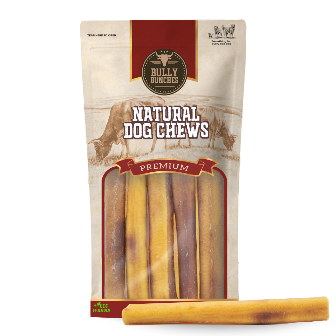 Bully Bunches pouch of 6 inch thick bully stick, with loose sticks beside it