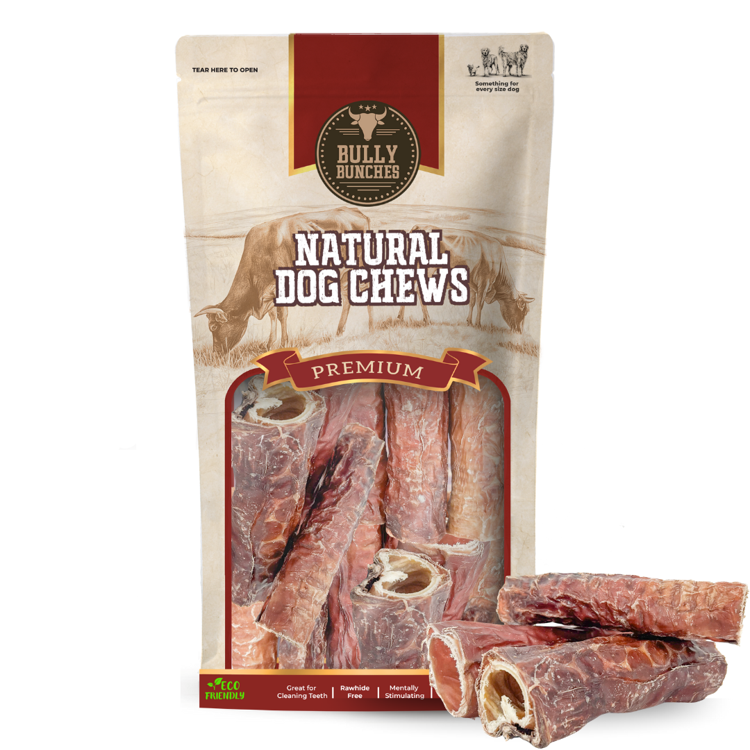 Bully Bunches pouch of 6 inch trachea wrapped in jerky, with loose tracheas beside it