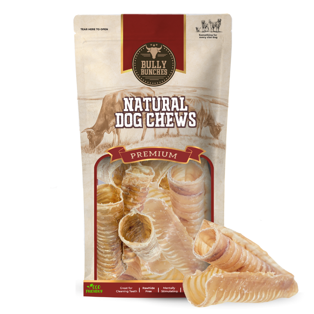 Bully Bunches pouch of 6 inch beef trachea, with loose tracheas beside it