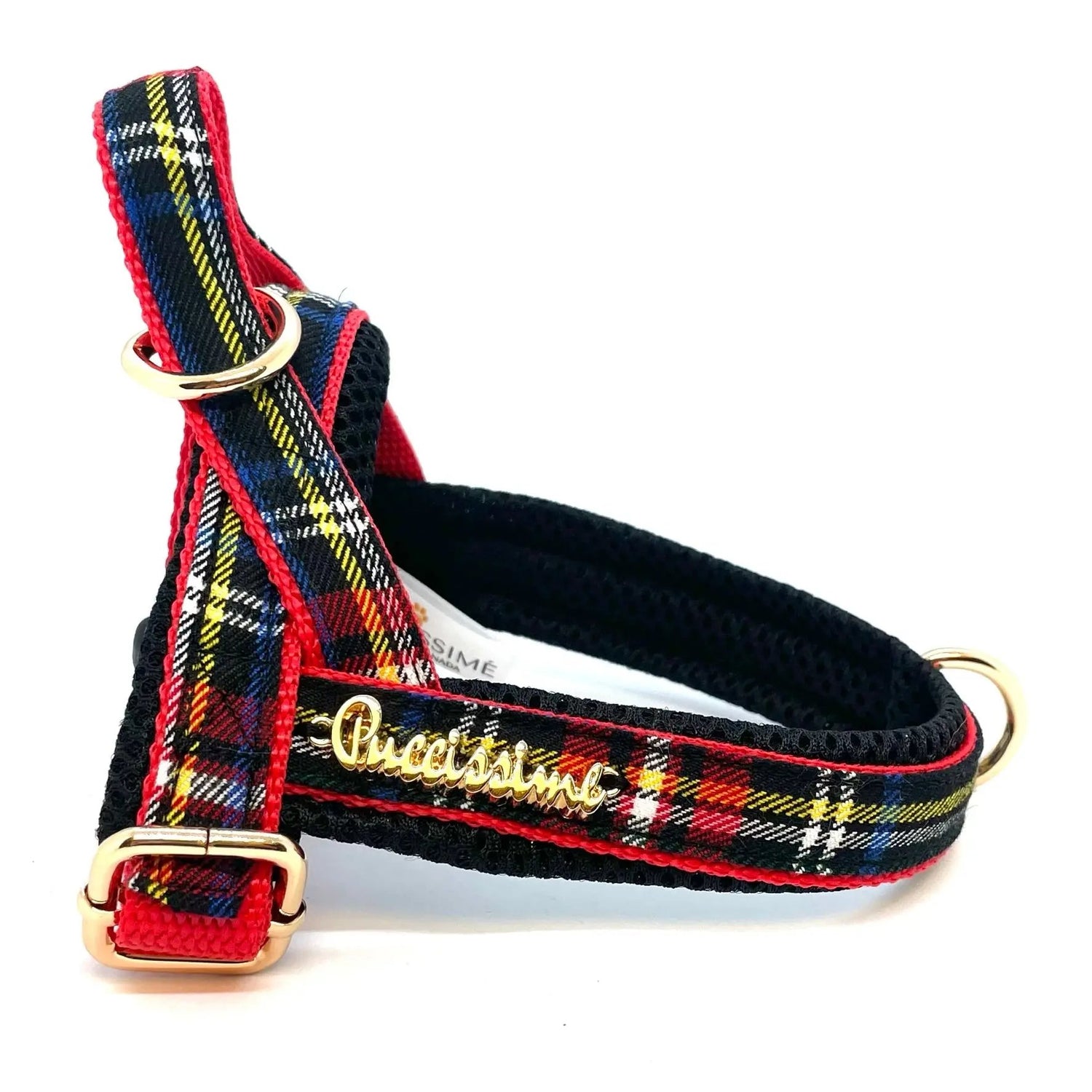 Carnegie Plaid Red One-Click Dog Harness Puccissimé Pet Couture