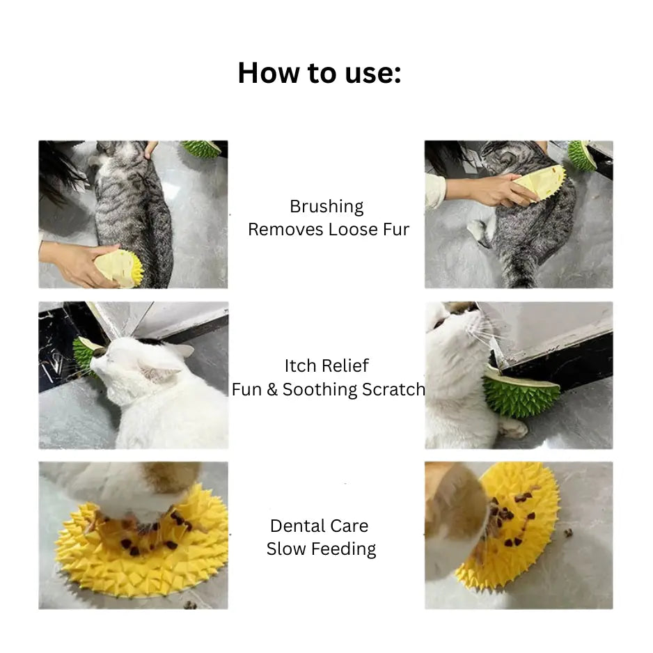 Durian Cat Rubbing Ball (Yellow color)  – Slow Feeder & Itch Relief Toy Doge N Cate