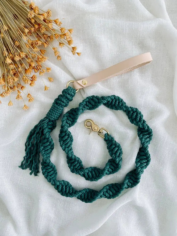 EMBER & IVORY - Macrame Leash - Jade - Spiral - Natural Leather Handle Ember & Ivory