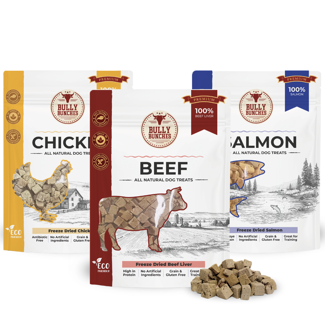 Bully Bunches pouch of freeze dried flavour bundle 100g / 3.5oz x3, with loose chews beside it