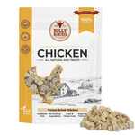 Bully Bunches pouch of freeze dried chicken 100g / 3.5oz, with loose chews beside it
