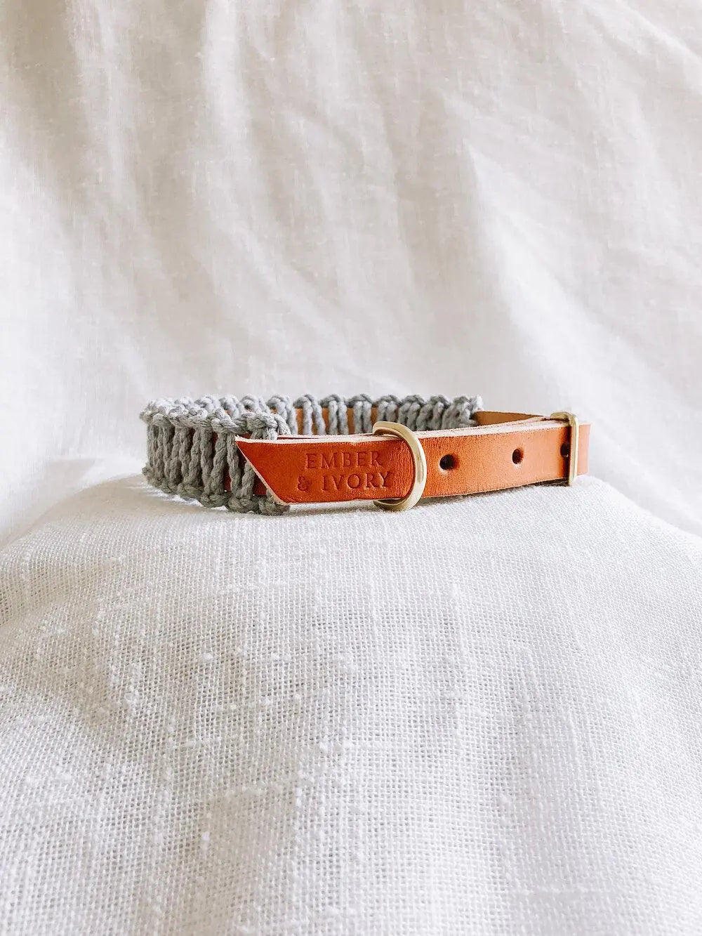 Ember & Ivory - Caramel/Gray Leather & Macrame Collar - PAWMART.ca