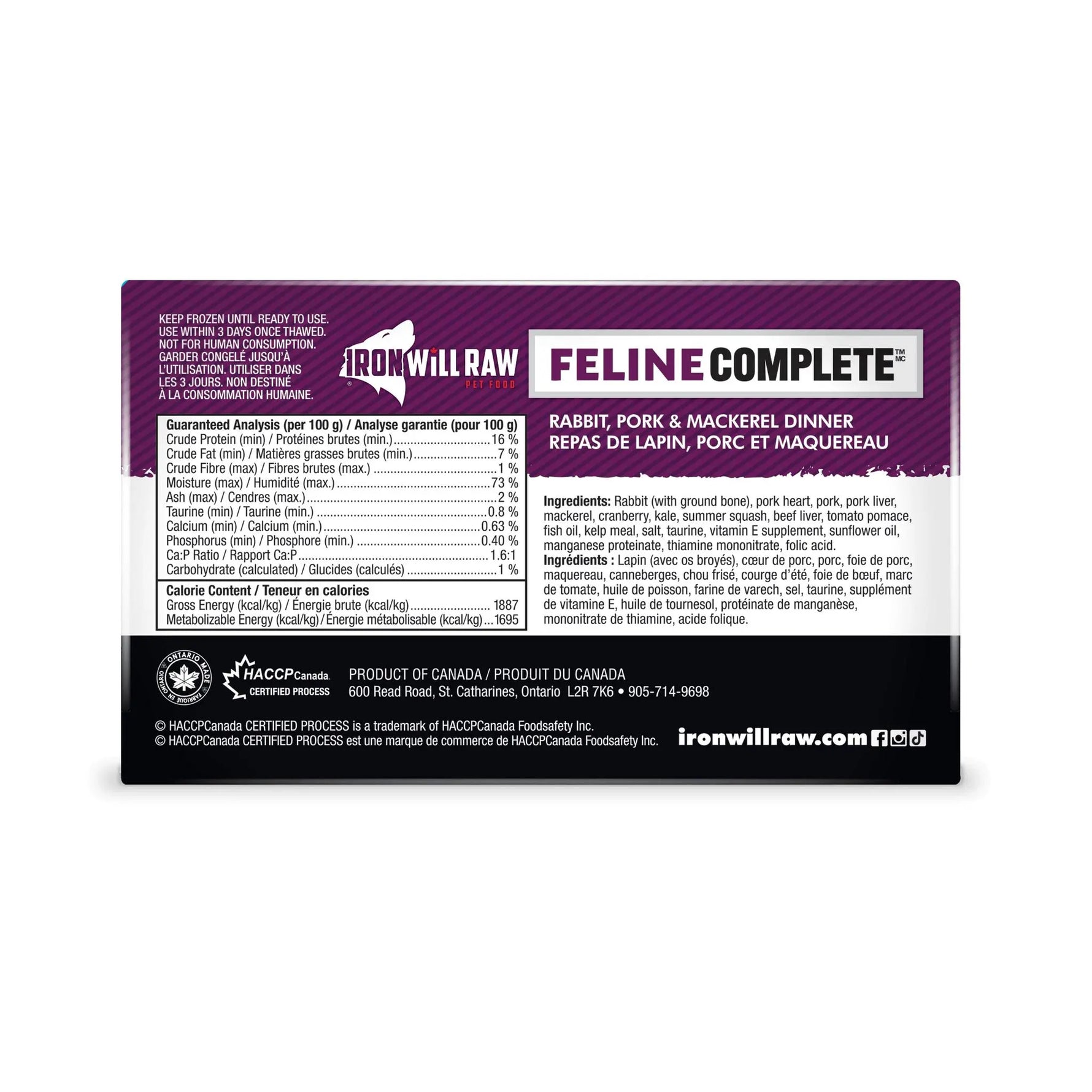 IRON WILL RAW - Feline Complete, Rabbit, Pork & Mackerel Dinner - Raw Cat Food - PAWMART.ca