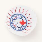 White plush ball-shaped dog toy with a Toronto sports-team patch featuring a cartoon dog and red maple leaf, on a plain cream background