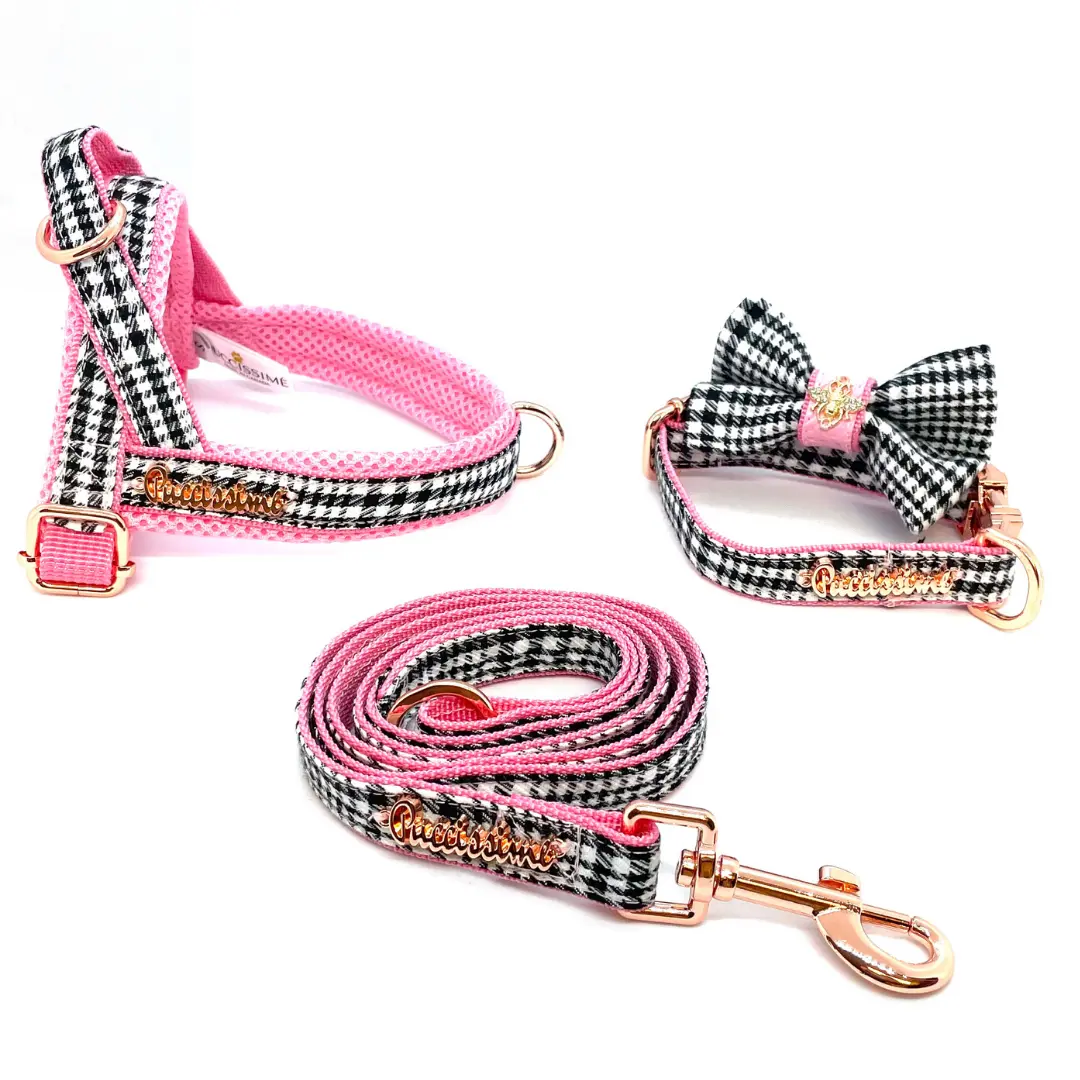 Princess Houndstooth Pink One-Click Dog Harness Puccissimé Pet Couture