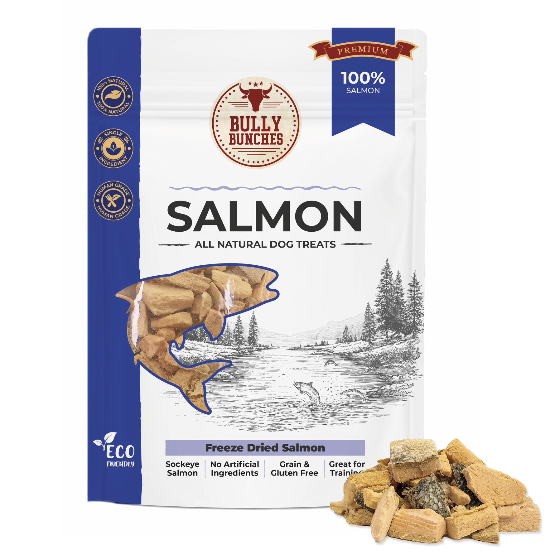Bully Bunches pouch of freeze dried salmon 100g / 3.5oz, with loose chews beside it
