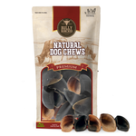 Bully Bunches pouch of cow hooves, with loose chews beside it