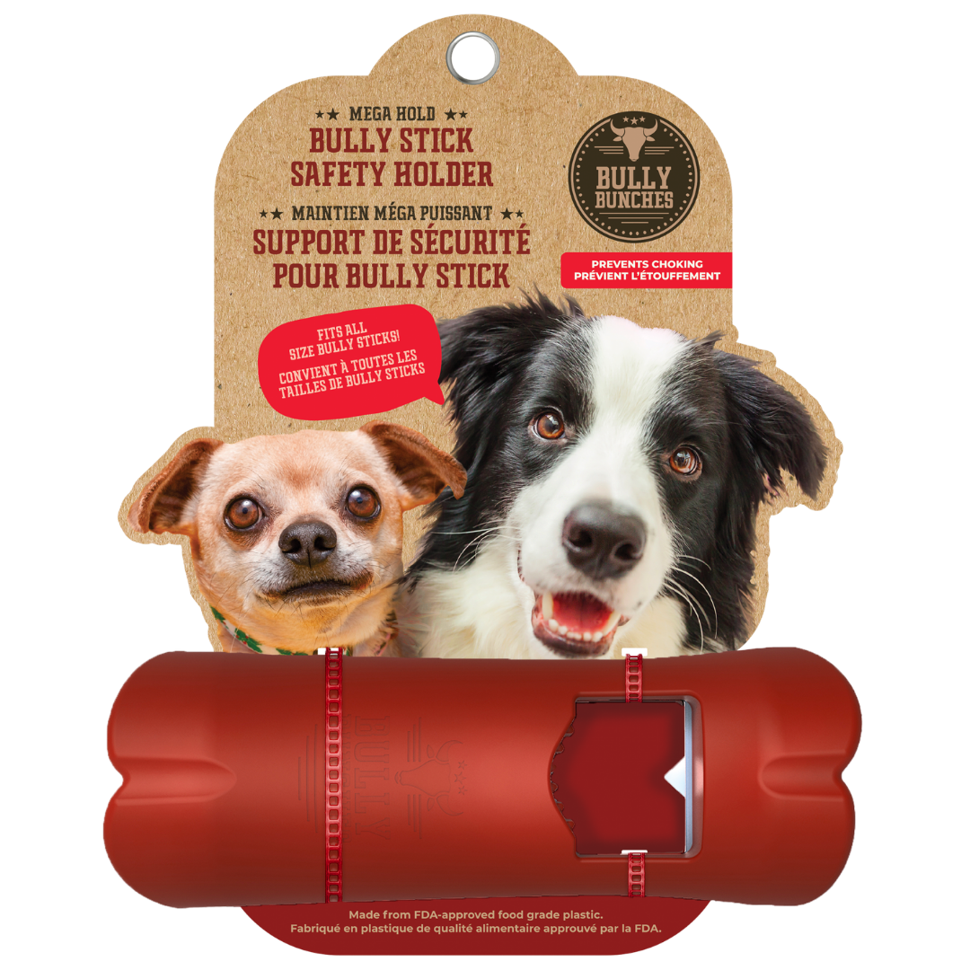 Bully Bunches pouch of bully stick safety holder, with loose chews beside it